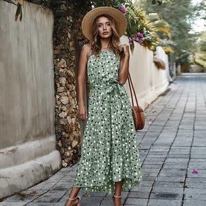 Summer Polka Dot Ruffle Midi Dress